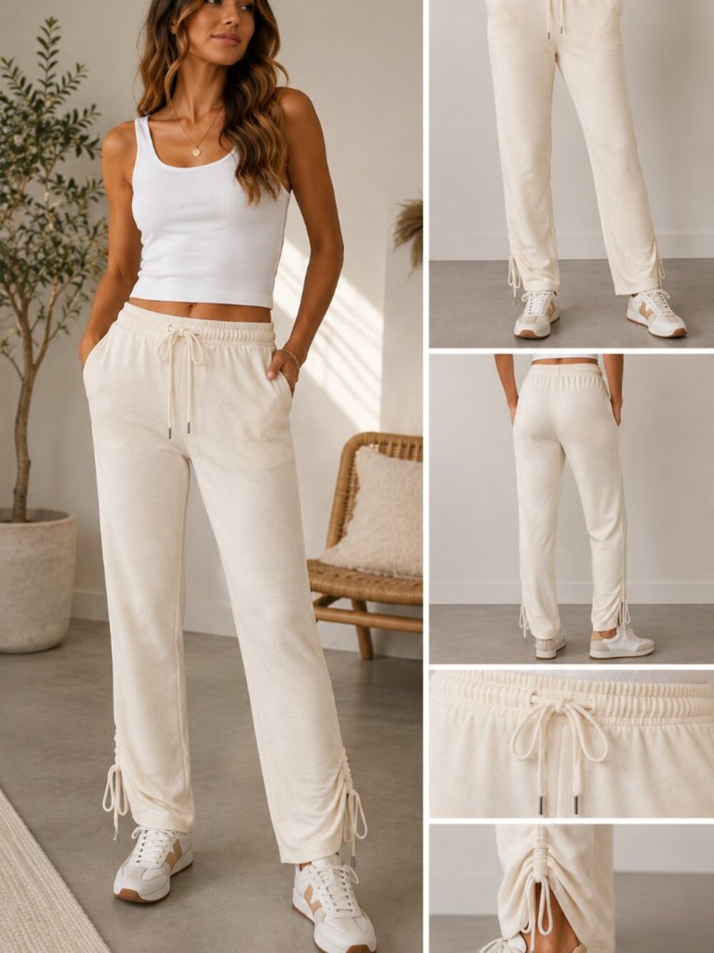 Bailey 44 Cream Drawstring Lounge Pants Side Cinch Hem Pull-On Women's Small